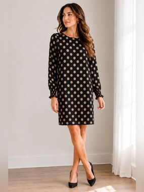 ABS Allen Schwartz Black Dress with Beige Polka Dots — Long Sleeve Shift
